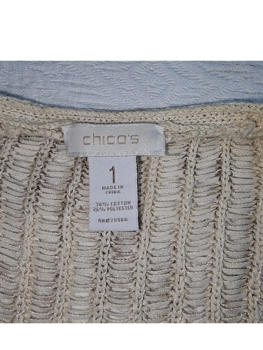 Chicos 1 (US M/8) Open Cardigan Crochet Cream Tan Cotton Blend ¾ Sleeve Earthy